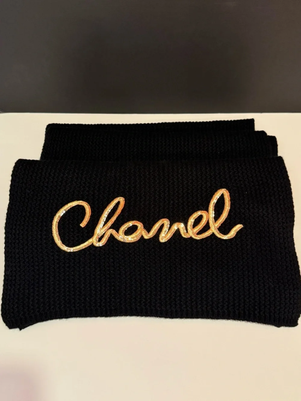 CHANEL Black Cashmere Logo Scarf Embroidered Sequin Cursive Logo-Season 2022